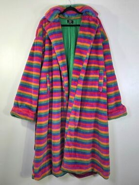 RARE DRESSED IN LALA RAINBOW RUNWAY FAUX FUR LONGLINE COAT.